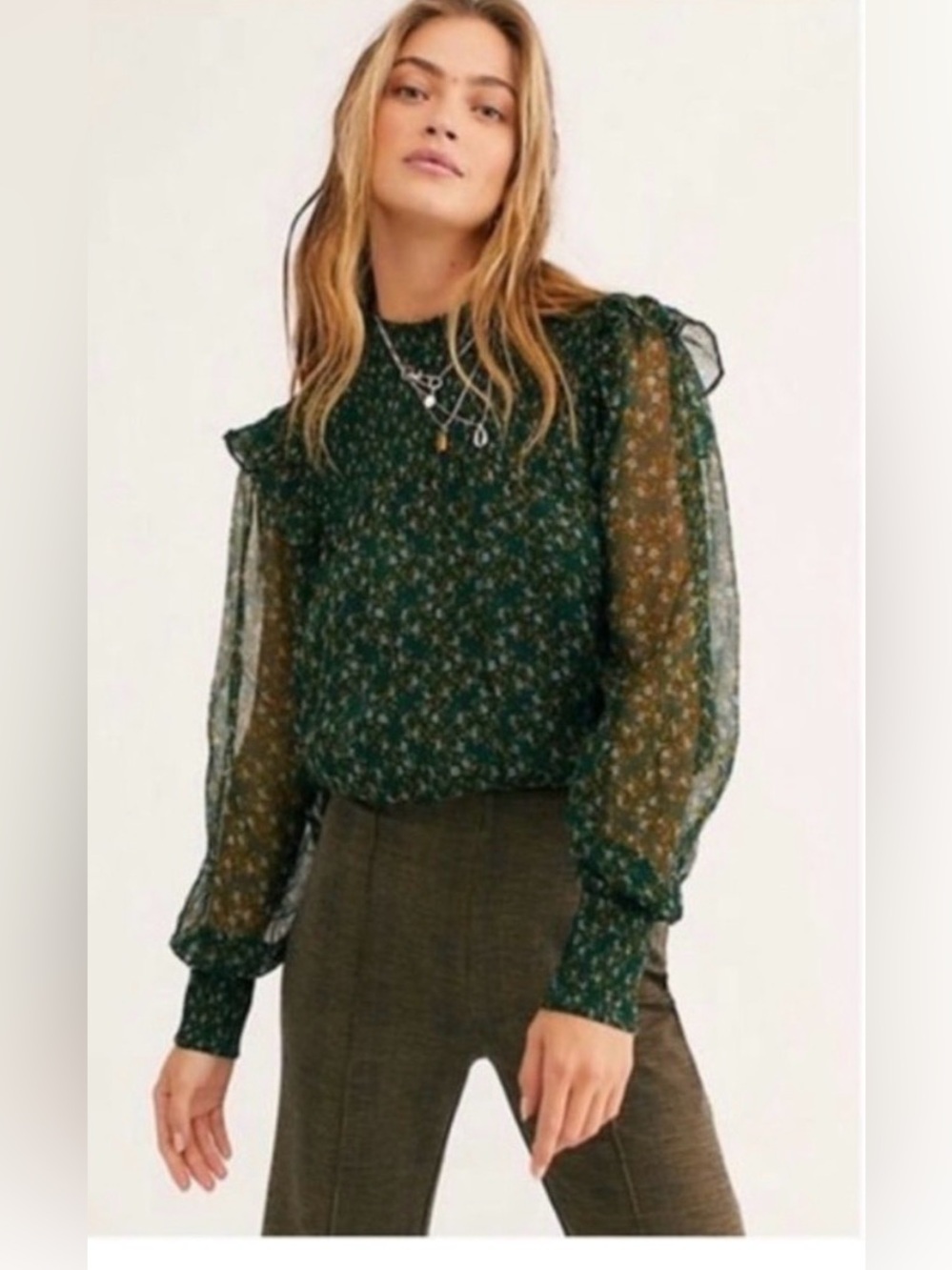 FREE PEOPLE  Roma Blouse Smocked Mock Neck Back Tie Sheer Forest Green, XL